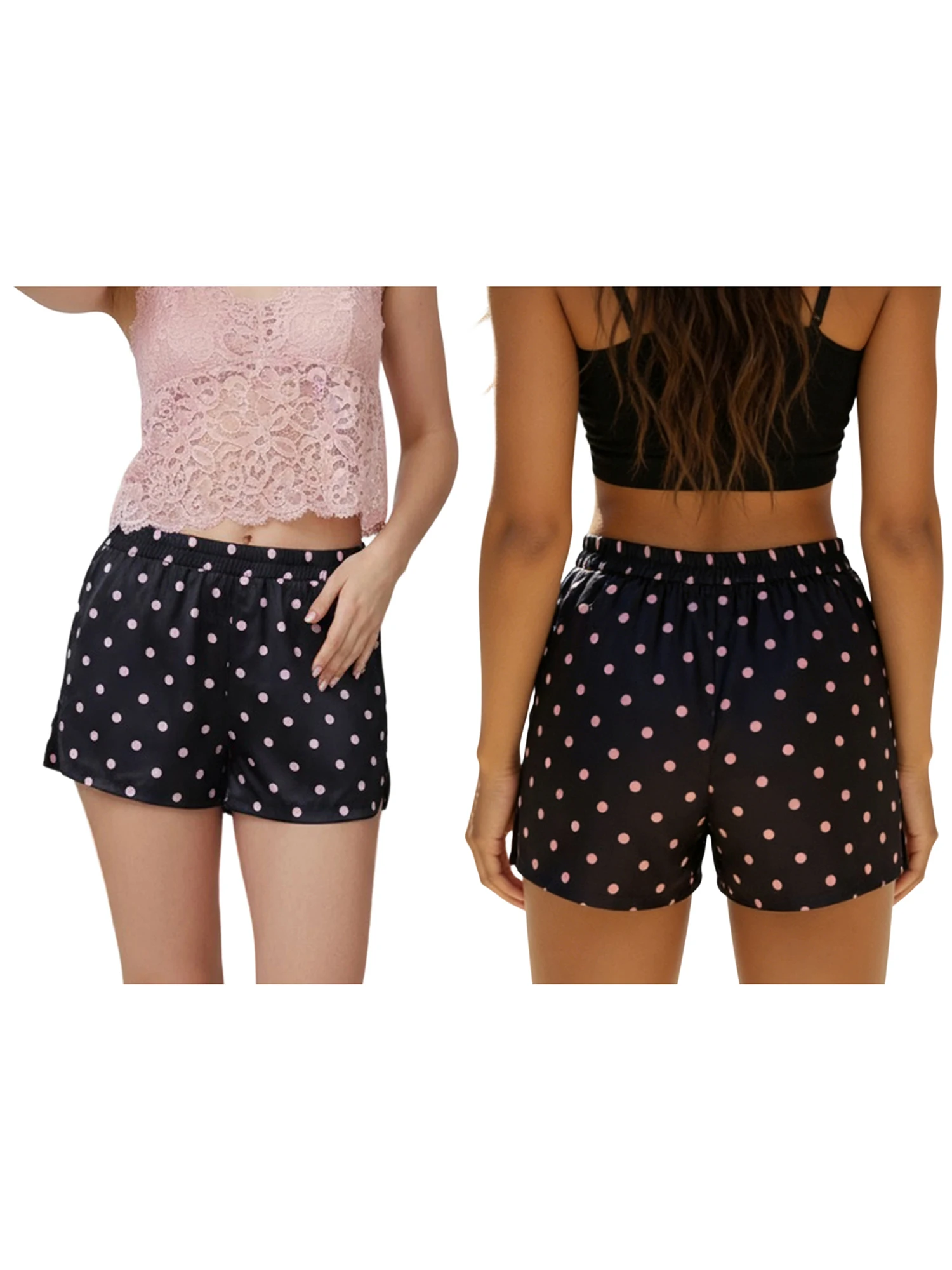 

Женские пижамные шорты с принтом в горошек, эластичным поясом и боковыми разрезами для комфортного отдыха и сна.