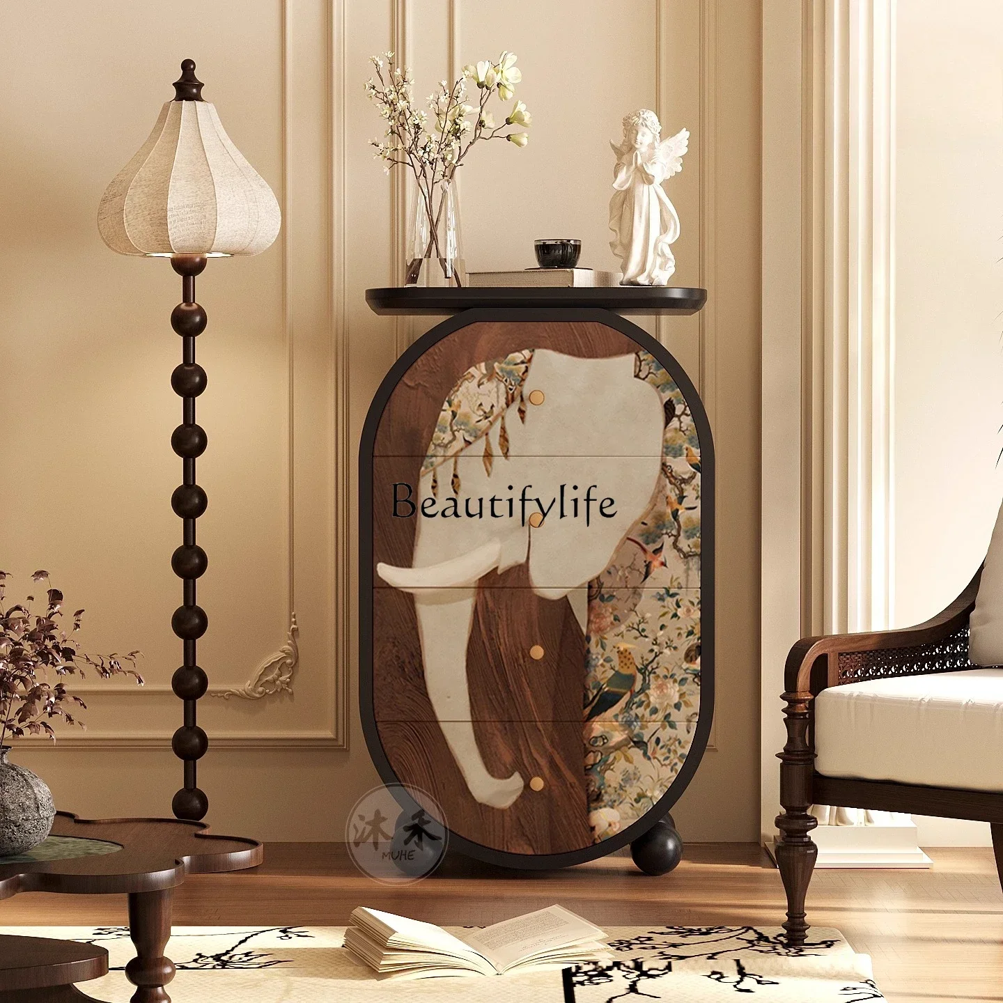 

ls 2755Elephant Middle Ages Premium Sense Maillard Solid Wood Bucket Cabinet Living Room Entrance Bedside Locker