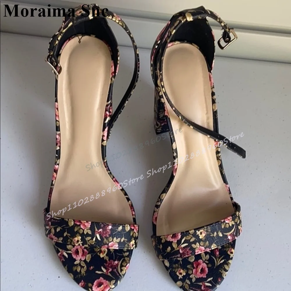 

Stylish Mixed Flower Print Sandals Chunky High Heel Shoes For Women Ankle Buckle Strap Open Toe 2025 Fashion Zapatos Para Mujere