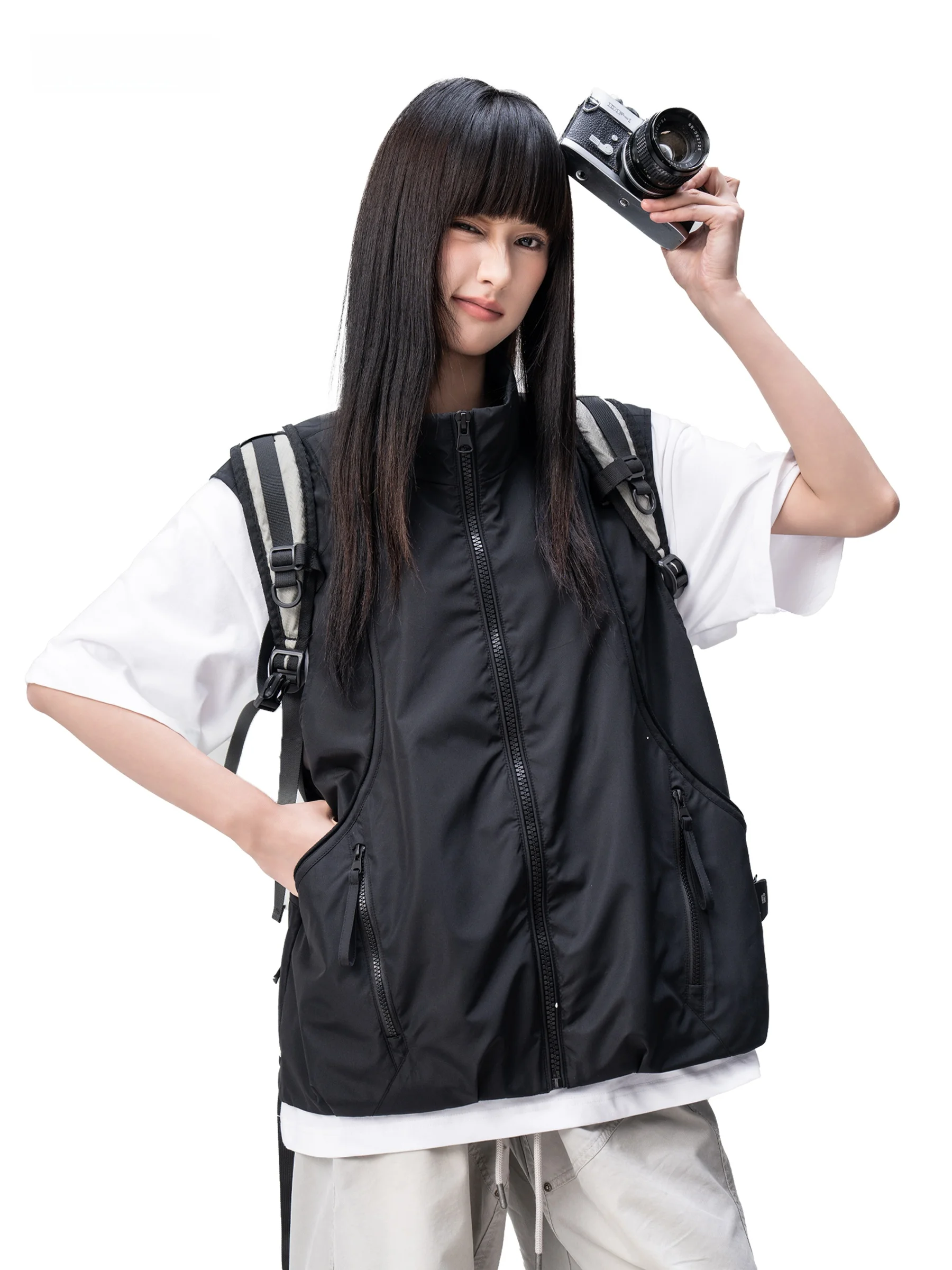 AOGZ Deconstructed Splice Functional Vest Unisex Loose Outdoor Multi-pocket Stand Collar Jacket Breathable Casual Style