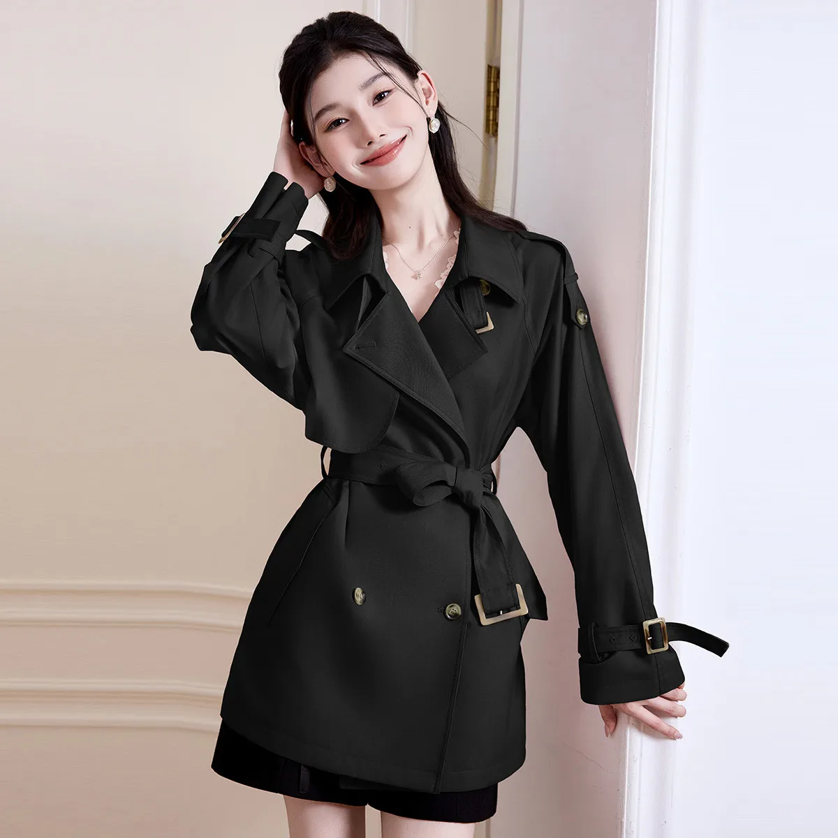LOUIS YAO Women's Trench Coat 2026 Spring British Style Double Breasted Raglan Sleeve Removable Belt Cinched Waist Slim Jackets
