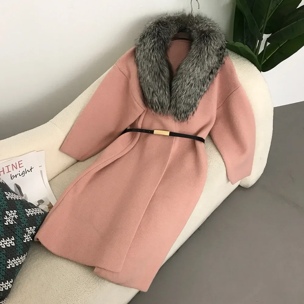 Echte Fuchs Haut Kragen Neue Faul Mode Dicken Langen Fuchs Pelz Kragen Strickjacke Gestrickte frauen Natürliche Fuchs Haut Lose mantel