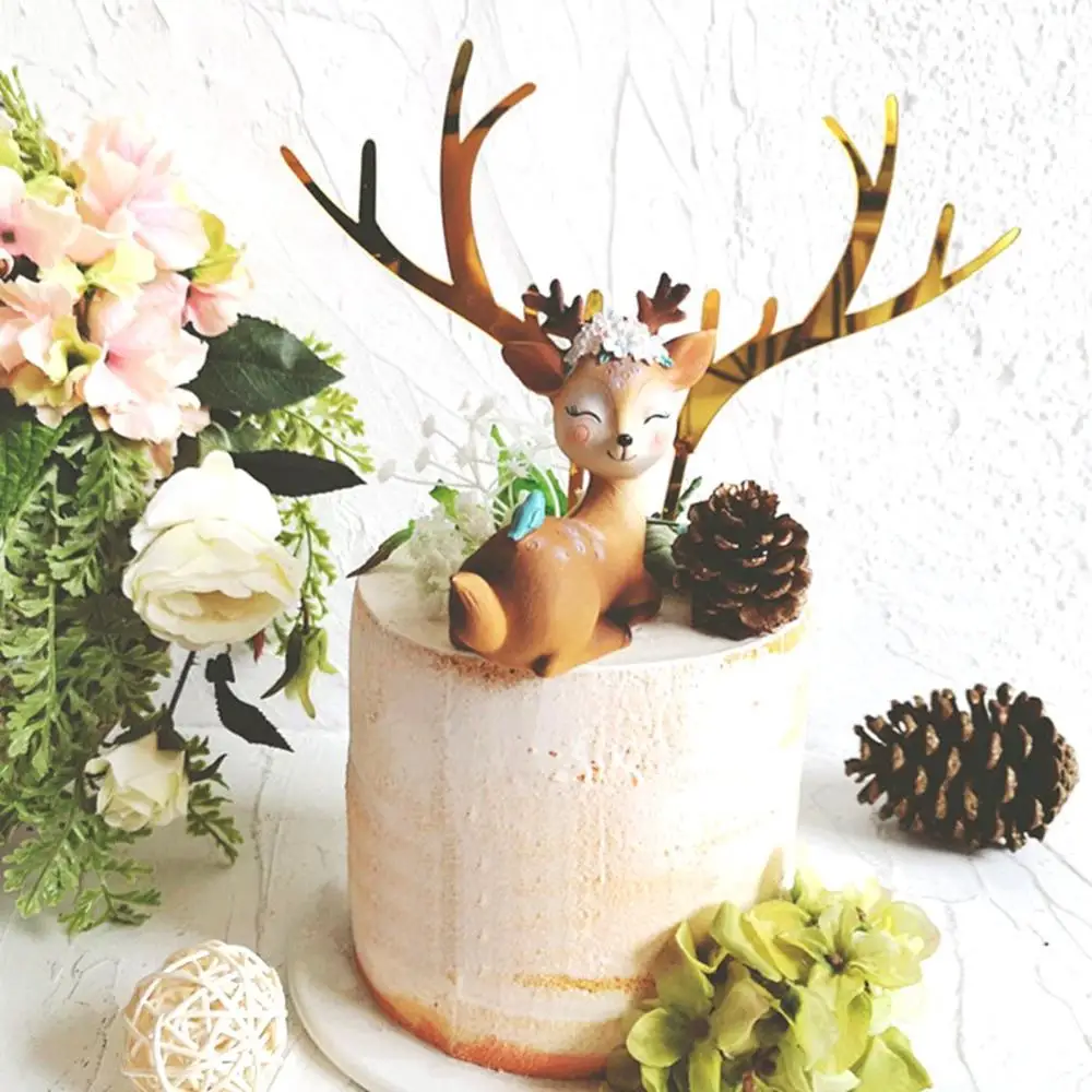 1 PCS Cute Reindeer Shape Cake Topper Simple Acrylic Cake Decorations Creative Deer Antler Cupcake Topper