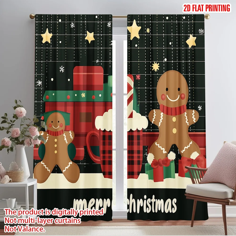 2pcs,2D plane printing Creative Curtains Cute Gingerbread Train Christmas Card (3) Versatile Polyester (without rod) Versatile