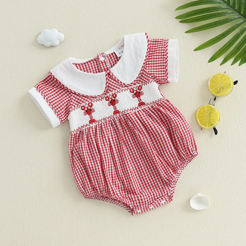 طفل الفتيات الصيف رومبير عارضة جراد البحر التطريز منقوشة دمية طوق قصيرة الأكمام الوليد بذلة لملابس أزياء الطفل