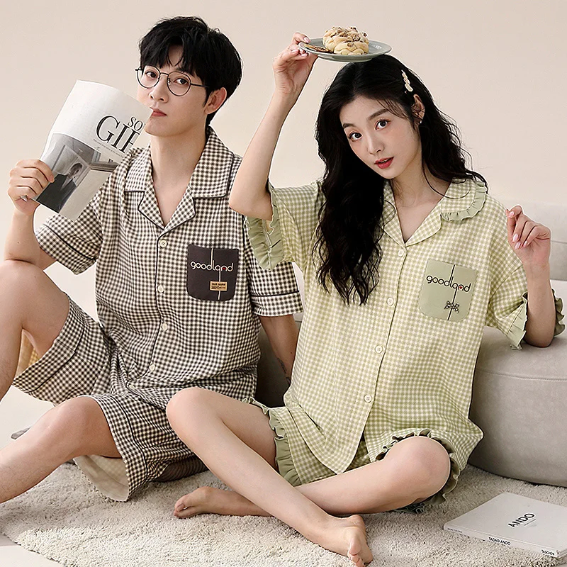 Couple Pajama Set Summer Turn-down Collar Short Sleeve Pyjamas 100% Cotton Men and Women Sleepwear