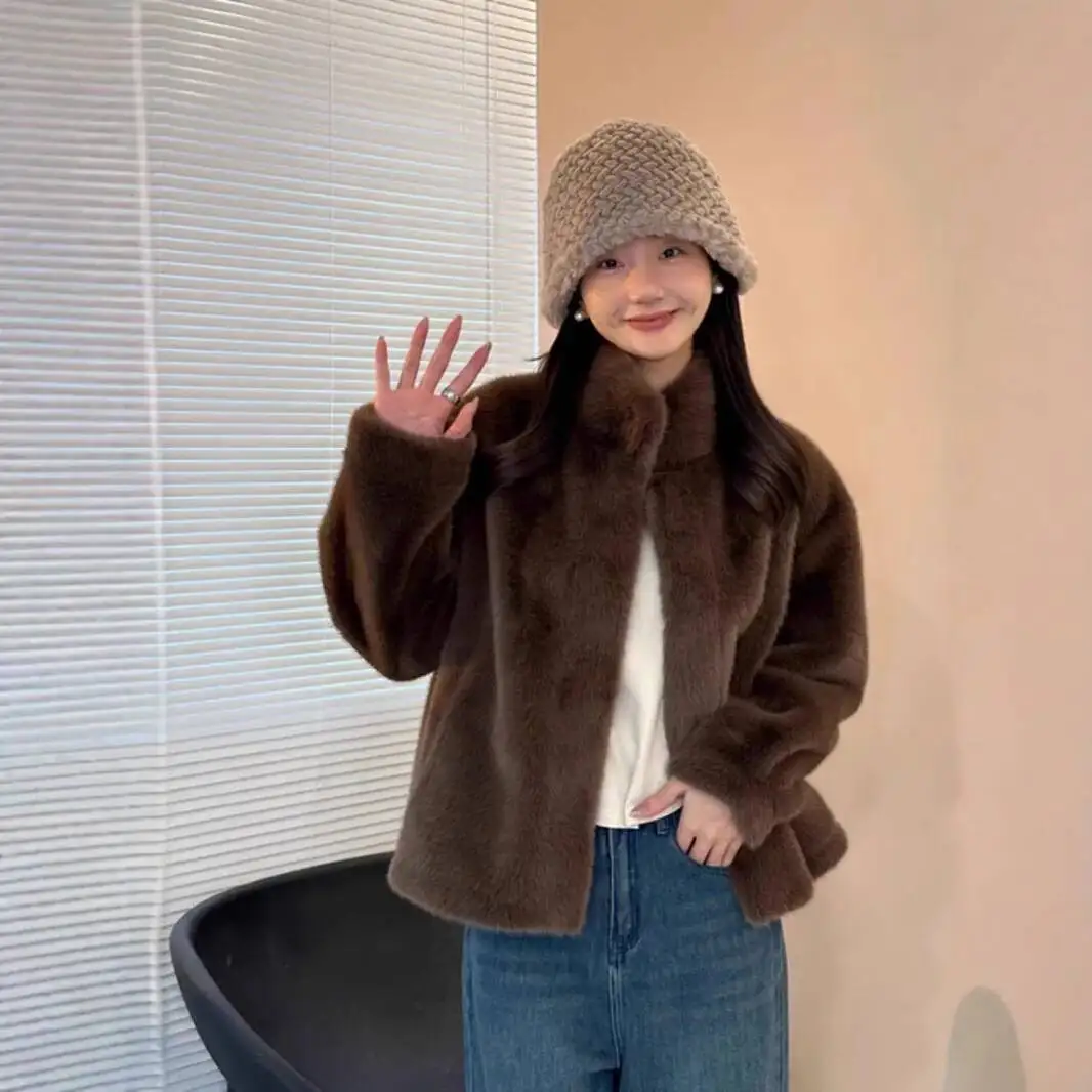 

Women Faux Fur Coat 2025 Winter Women's Youthful Faux Fur Jacket Short Stand Collar Faux Mink Fur Faux Shearling Warm Outerwear