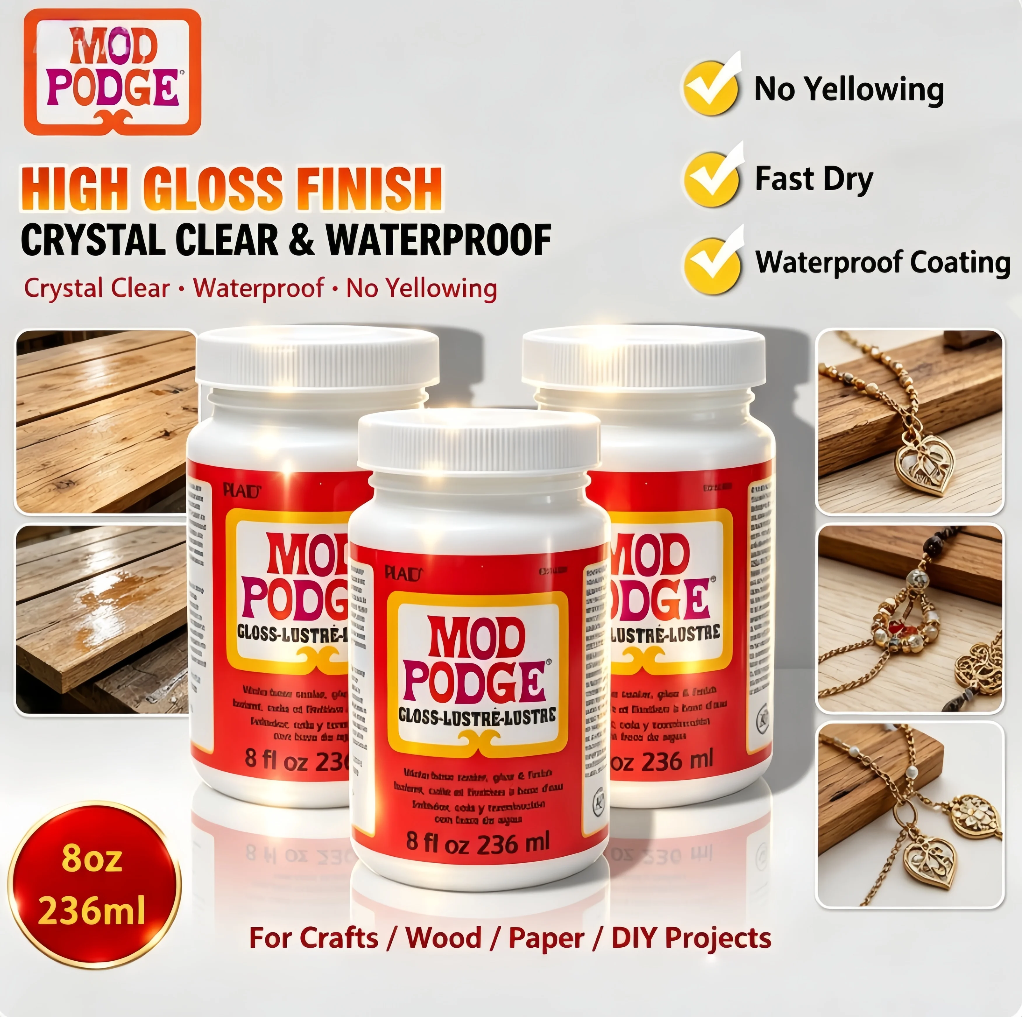 Mod Podge Gloss Sealer Glue 2oz 4oz 8oz, Water-Based Decoupage Medium for Craft, High Gloss Finish