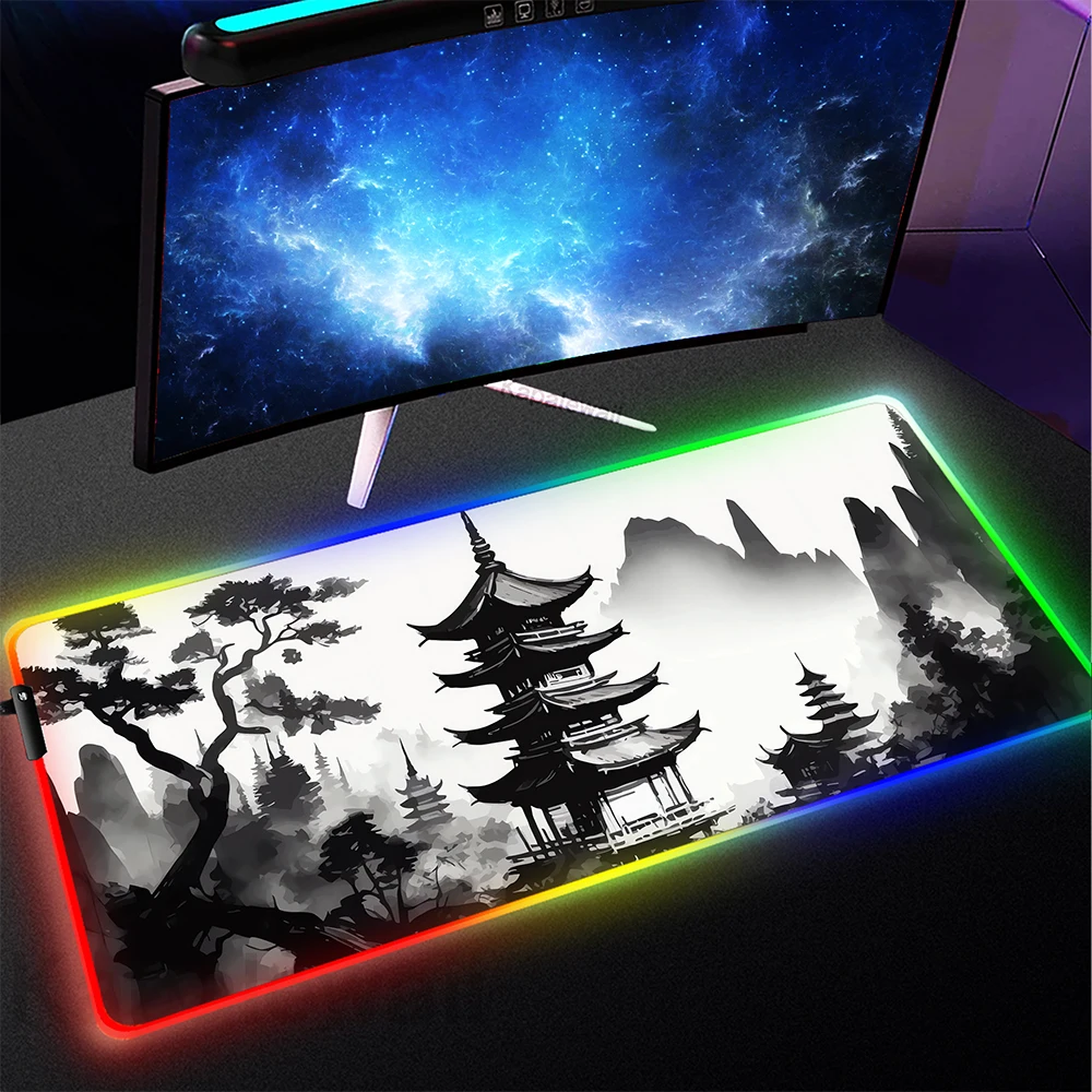 

RGB Mousepad Gamer Mouse Pad Locke Edge Large Mountain Serenity Japan Art Mouse Pad LED Gaming Keyboard Pads Desk Mat Backlit