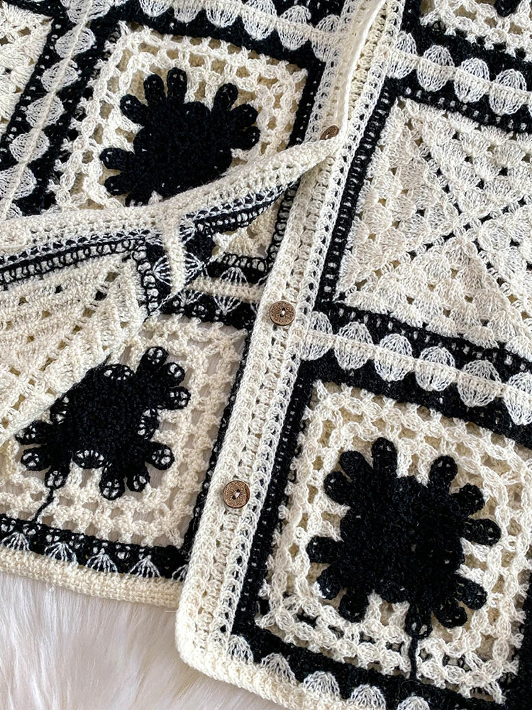 เสื้อคาร์ดิแกนผู้หญิงสไตล์โบฮีเมียนถักลายดอกไม้แบบโปร่ง คอปกพับได้ สีสันสดใส รุ่นใหม่สำหรับฤดูใบไม้ร่วง รุ่น CG020