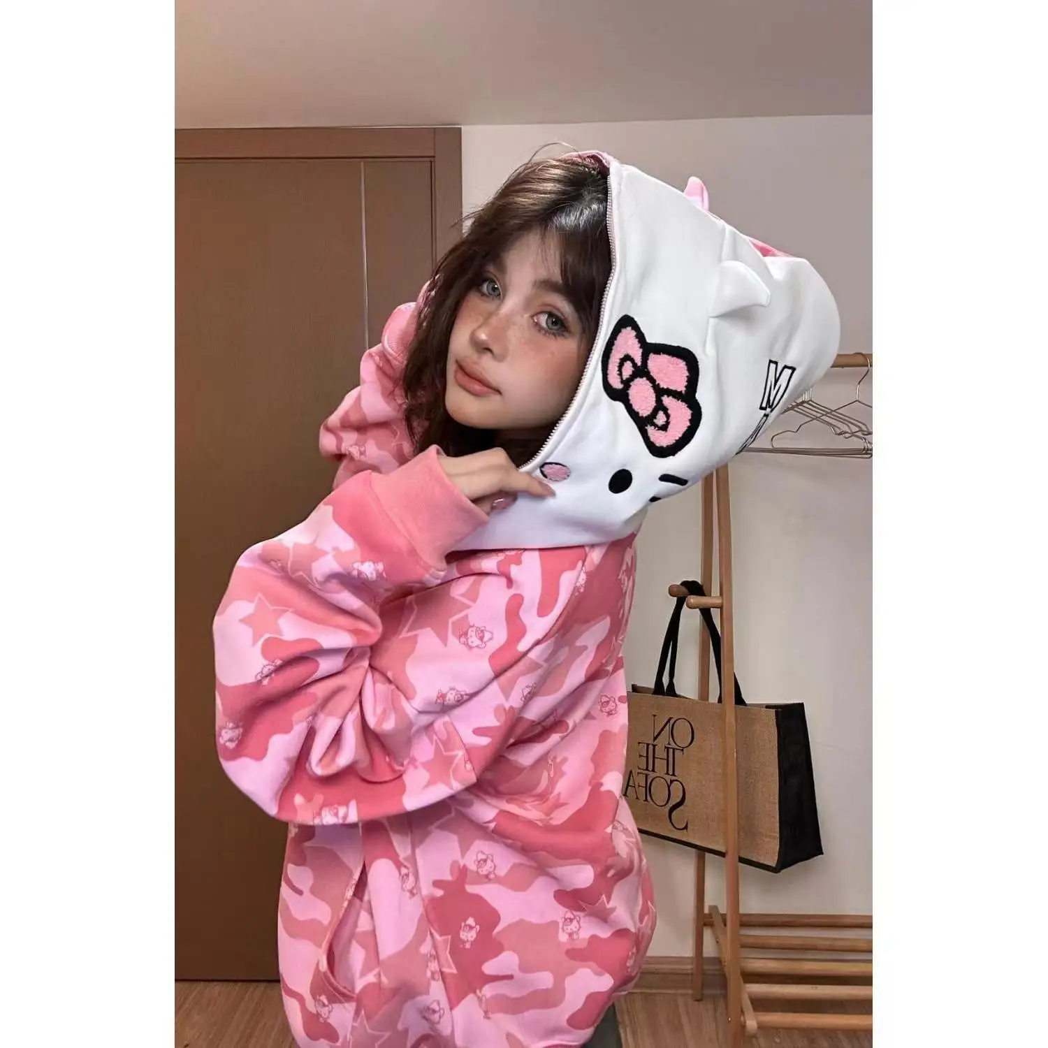 Sanrio Hello Kitty Y2K Jacket Zipper Cardigan Hoodie Camouflage Blouse Sweatshirts Autumn Long Sleeve Sweater Jacket for Female