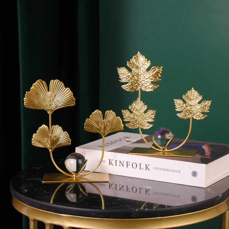 Iron Craft Luxury Maple Leaf Crystal Ball Ornament for Home Decor TV Cabinet Tabletop Showcase