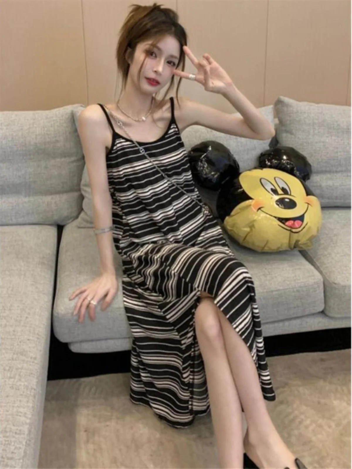 

plus Size Women's Summer Slimming Striped Open Split Halter Dress Loose Mid-Length Casual A-Line Dress High Waist Style