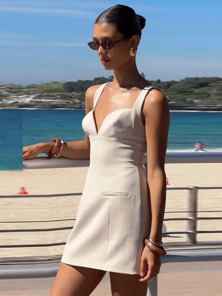 Elegant Blazerสลิงชุดสั้นผู้หญิงVคอBackless Slim A-Line Dresses 2025 ฤดูใบไม้ผลิฤดูร้อนLady ChicเดินทางRobes