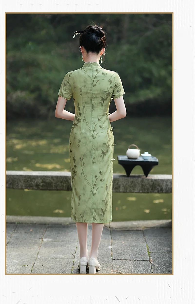 Summer New Women Green Floral Cheongsam Dress Vintage Evening Dresses Chinese Style Costume Mid Long Short Sleeve Qipao S To XXL