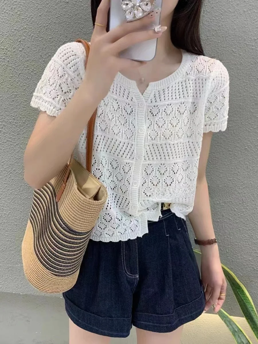 

Sweet Sle Вязаный открытый кардиган с v-образным вырезом, женский летний новый ажурный вязаный крючком футболка Fly Sve из полиэфирного волокна четверть све