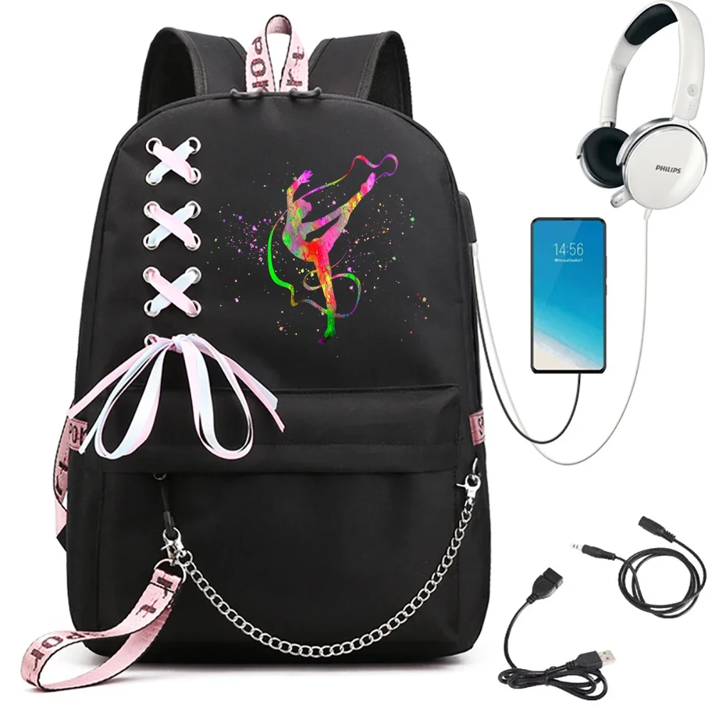 Dance Girl School Bag for Teenager Girls Mochila Watercolor Gymnastics Girl Bagpack Usb Port Kawaii School Backpack Bag Rucksack