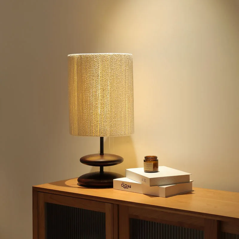 

Solid Wood Table Lamp Creative Walnut Color Bedroom Bedside Atmosphere Lamp Designer Retro Decorative Fabric Table Lamp