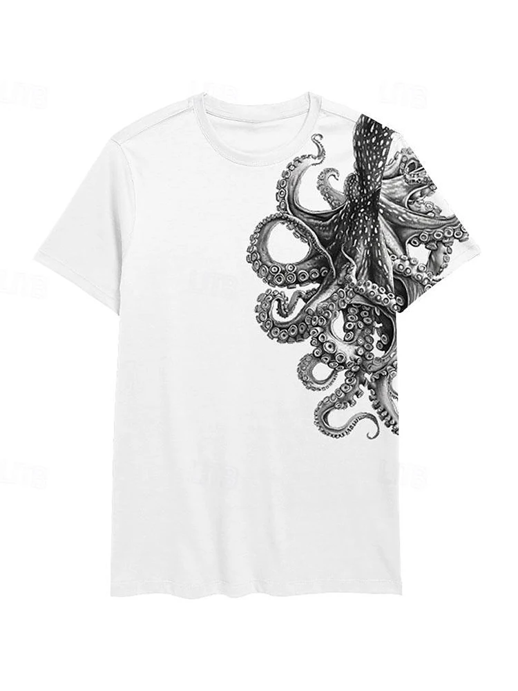 Summer Travel Men\'s T-Shirt Outdoor Sports Loose Comfortable Short Sleeves Octopus Print Shirt Home Casual Round Neck T-Shirt