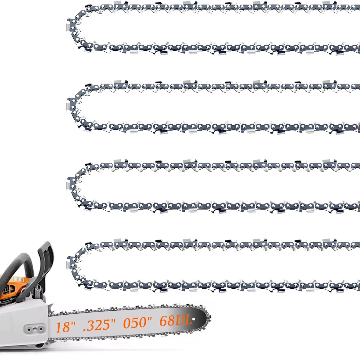 

Комплект из 4 цепей для бензопилы, 18 дюймов, шаг .325", толщина .050", 68 ведущих звеньев, совместим с моделями Stihl (после 2023 г.)