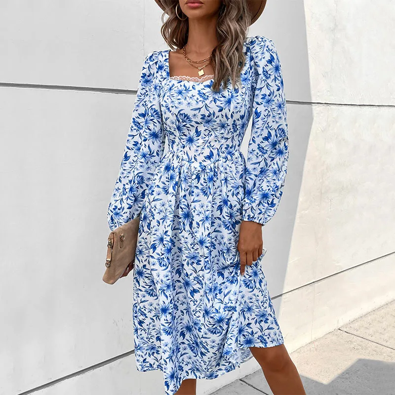 

Elegant Fashion Women's Floral Print Dresses with Lace for Female Square Neck High Waist Slim Full Puff Sleeve A-line Midi Dress