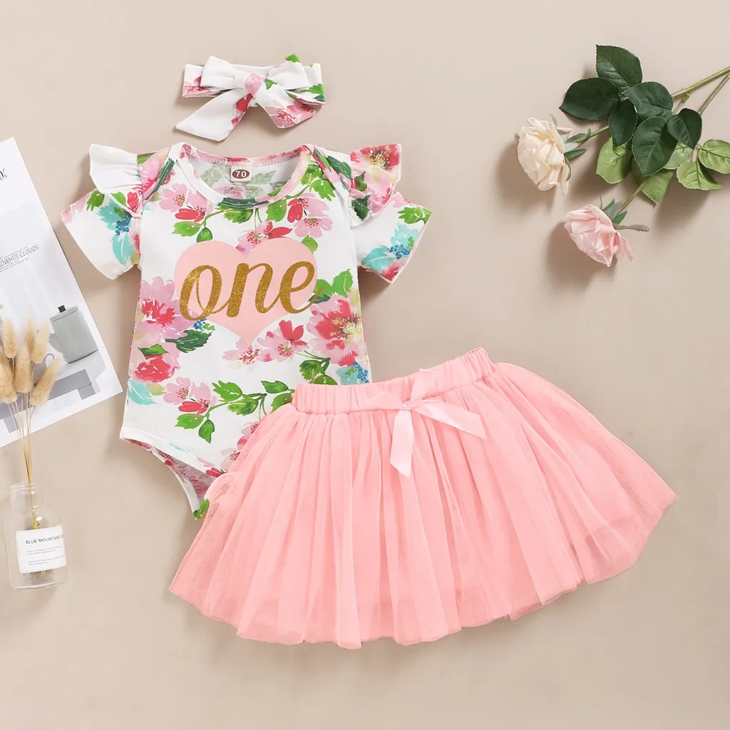 0-2 Years Newborn Baby Girls Princess Dress Short Sleeve Romper+Net Yarn Skirt+Floral Headband Toddler Girl 3PCS Summer Outfit