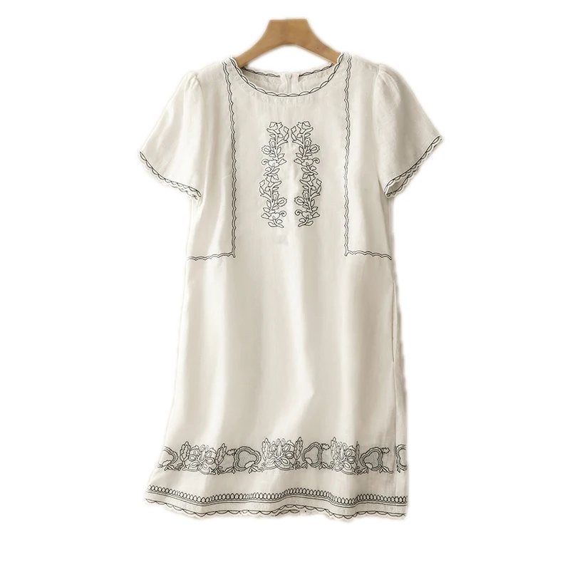 تنورة Ele Summer فضفاضة للتخسيس ميدي دكتور مطرزة ومضادة للشيخوخة على شكل حرف a متعددة الاستخدامات من مزيج القطن والكتان Dr #5