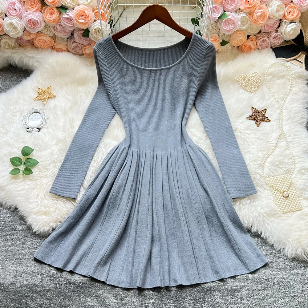 YuooMuoo Korean Fashion A-line Short Dress 2025 Autumn Winter Women Basic All Match Black Knitted Dress Lady Solid Pleated Dress