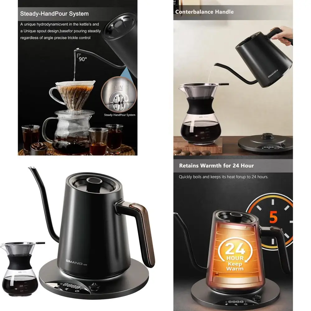 

Precision Temp Gooseneck Kettle, 1°F Control, Fast Boil, 0.9L, Stainless Steel, BPA-Free, for Pour Over Coffee & Tea