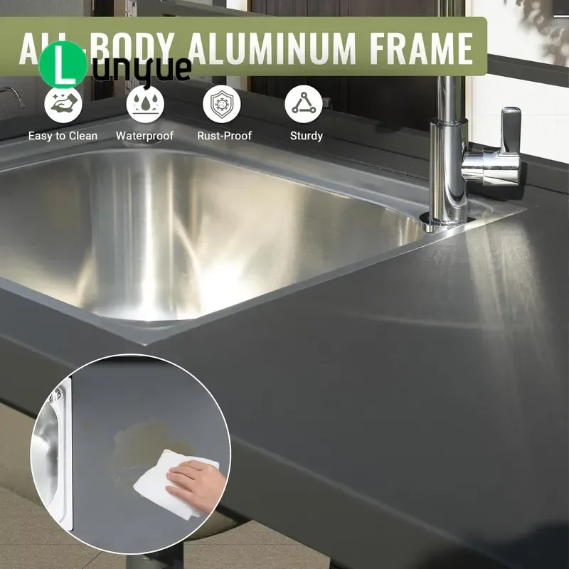 5Pcs Outdoor Kitchen Island All Aluminum Modular Countertop Wall Mounted Sink Storage Dark Cabinets for Patio Garden BBQ