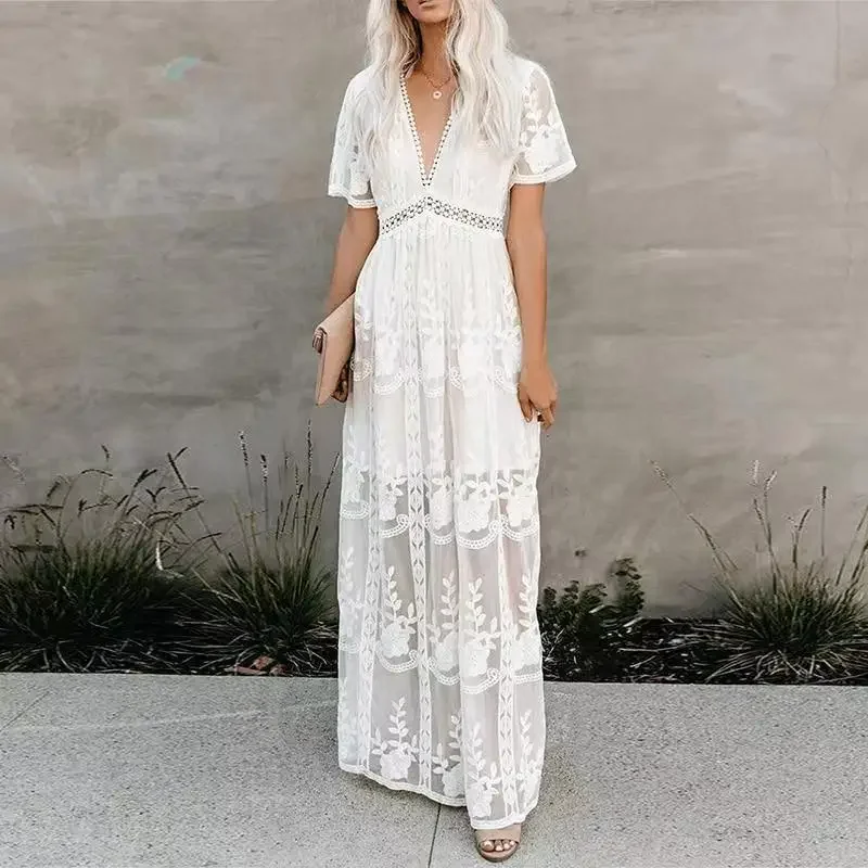 

Women's Dress White Lace Hollow Out Cotton Sundress Lace Sleeveless Long Splicing Summer Party Elegant Evening Woman Clothes