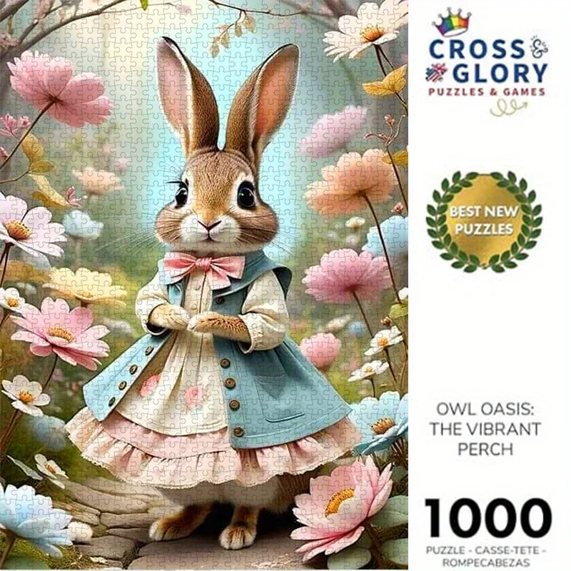 1000 قطعة من أحجية الورق، منشار قطع DIY مع أرنب لطيف في فستان منتفخ، خلفية زهرية، مادة بطاقة بيضاء عالية الجودة، مناسبة f