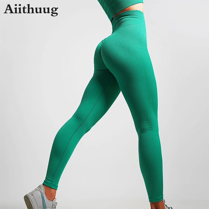 

Aiithuug Ribbed Widen Waistband Yoga Pants Women's Seamless Scrunch Butt Leggings High Waist Workout Althetic Pilates Sportwears