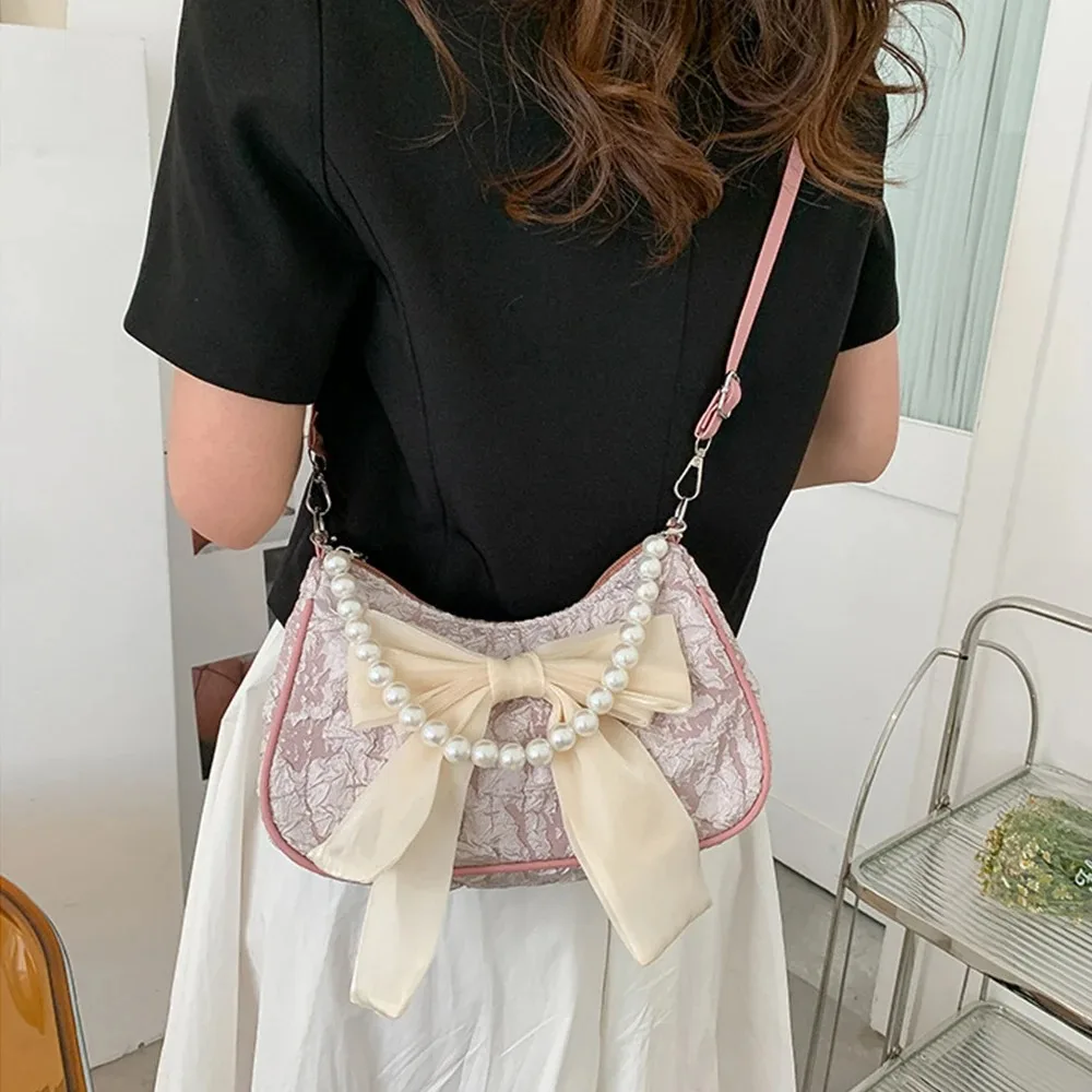 Pearl Female Bag Retro Luxury Designer Handbag Bow Crossbody Bags Fashion Women Korean Trend Shoulder Bag Purses Underarm Bags