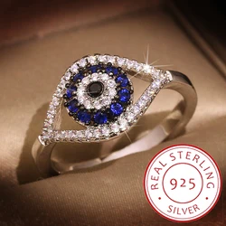 NEW Punk Female Blue Crystal Stone Ring Charm S925 Silver Color Wedding Jewelry For Women Dainty Evil Eye Hollow Engagement