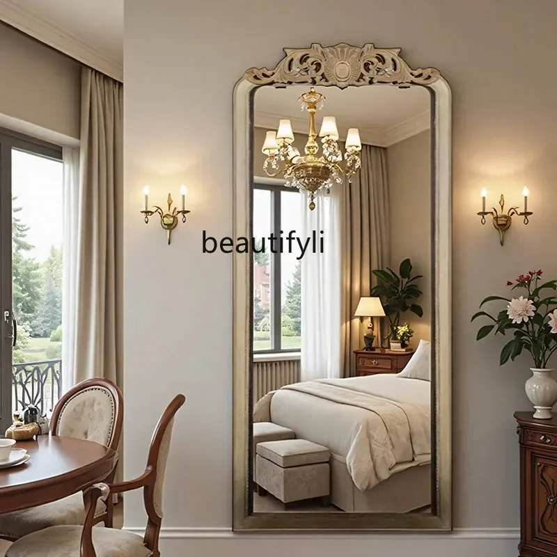 C06 French Retro Carved European Style Wall-Mounted Floor Mirror American Light Luxury Entryway Wall-Mounted Dressing Mirror