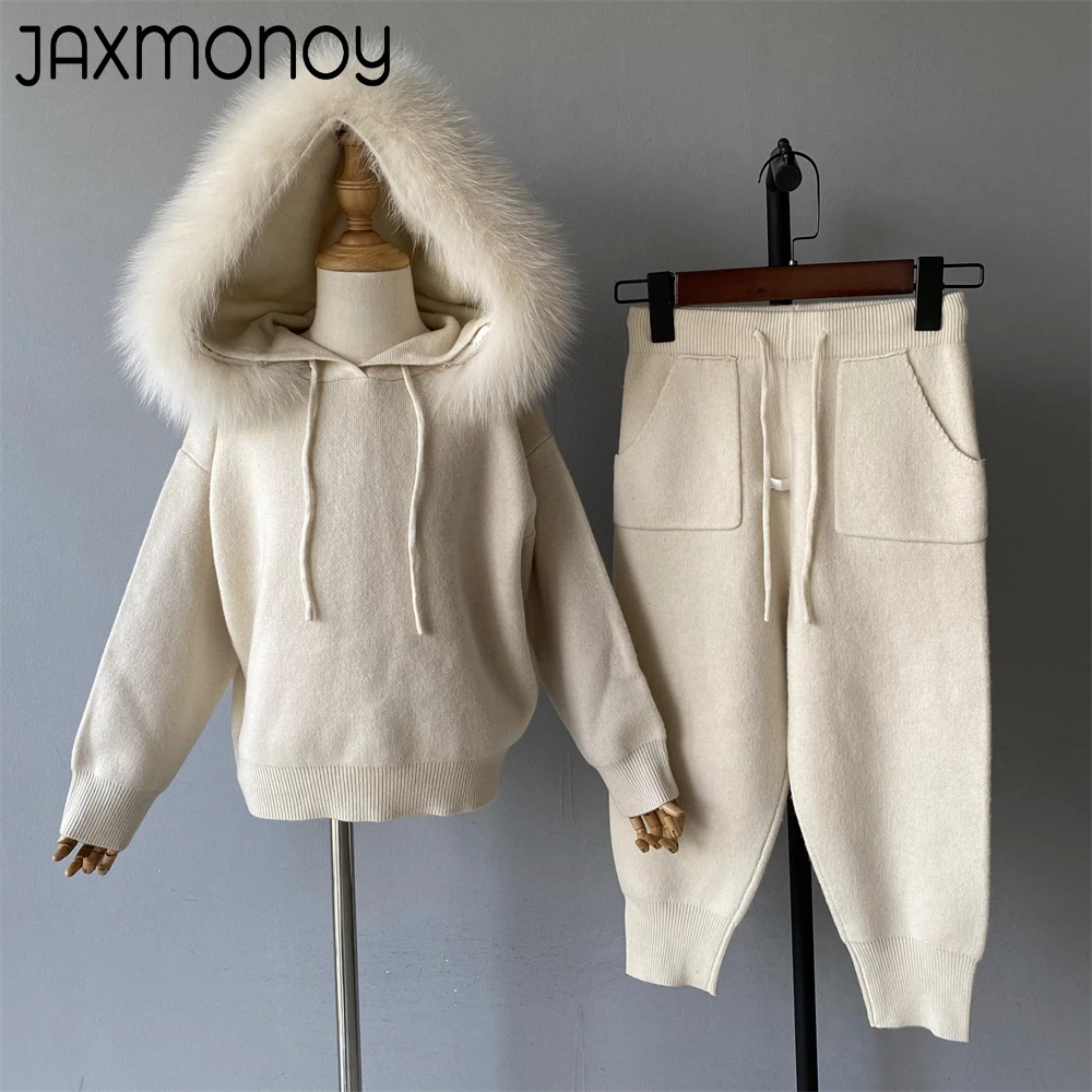 Jaxmonoy Sweater Set for Kids with Real Fur Collar Children Winter Clothes Boy Girl Fashion Warm Wool Blend Knit Sweaters New