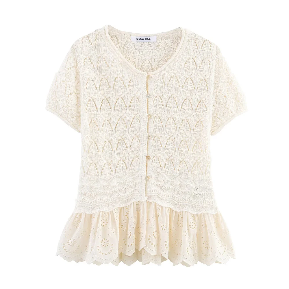 

Новый женский вязаный топ с короткими рукавами в романтическом стиле в европейском и американском стиле