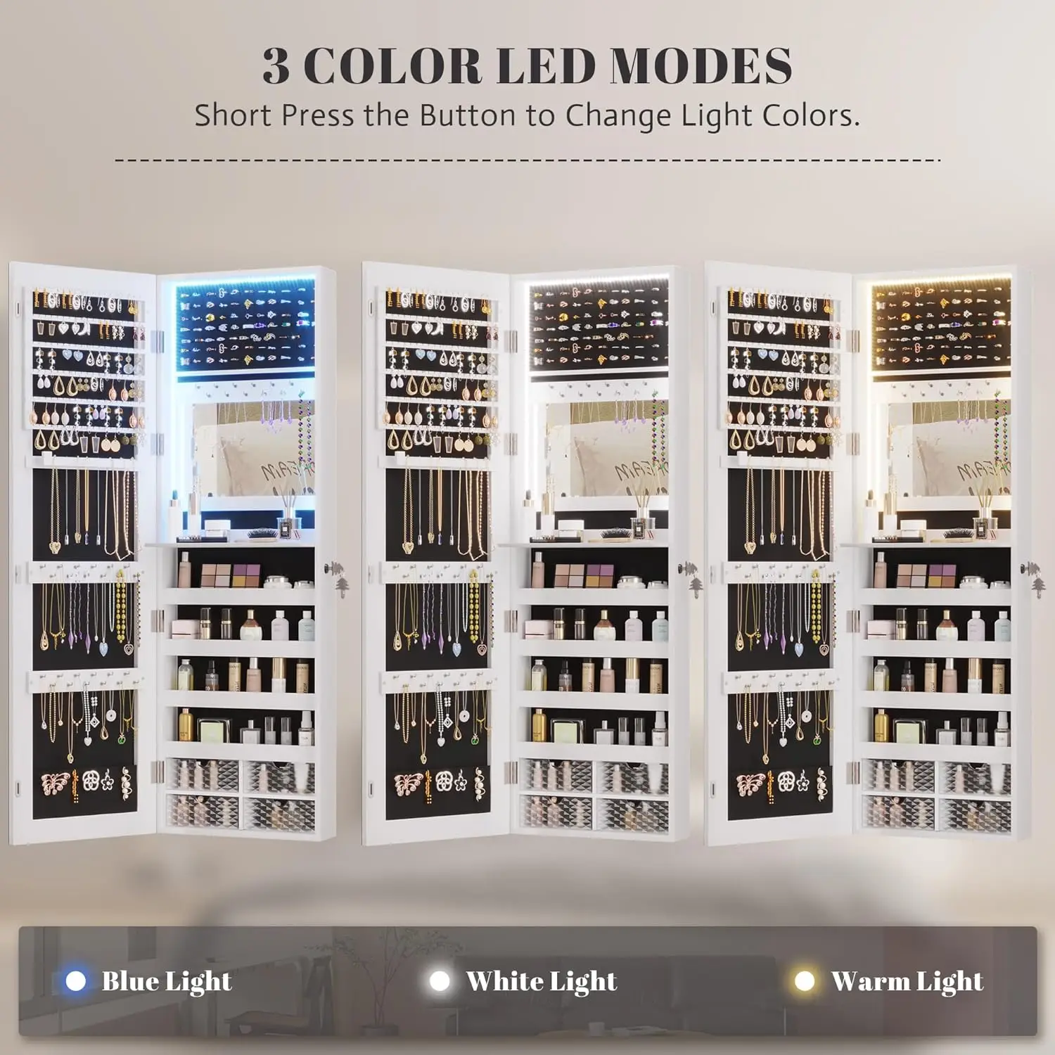 Vlsrka-Armoire à bijoux à LED, miroir pleine longueur, armoire à bijoux murale ou montée sur porte, grande capacité, 47.2 po