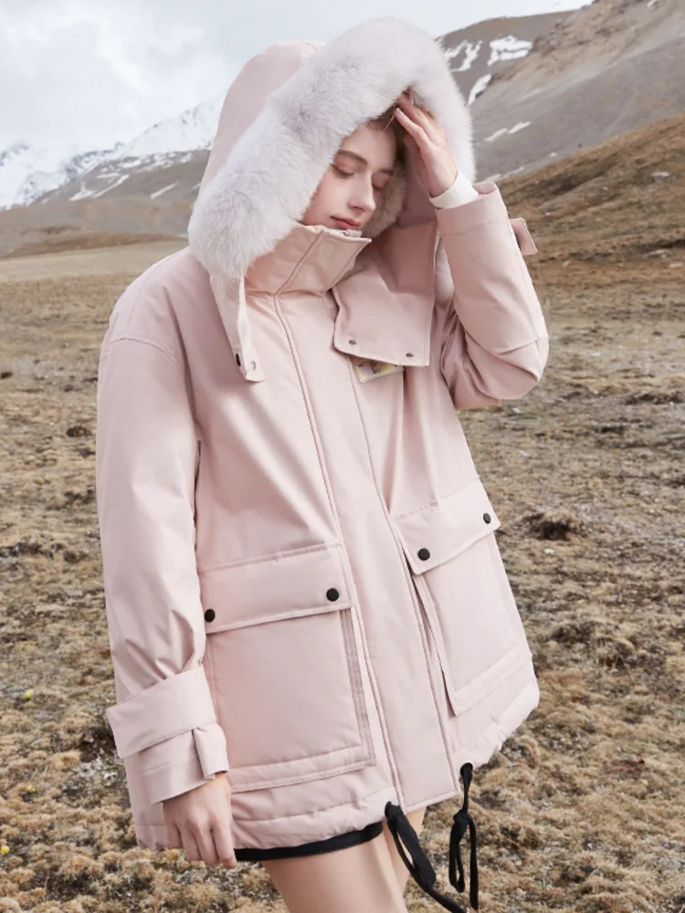 

Winter New Hooded Outdoor Fox Fur Collar Down Jacket White Duck Down Jacket Tooling Pike Dress Women Pink and white