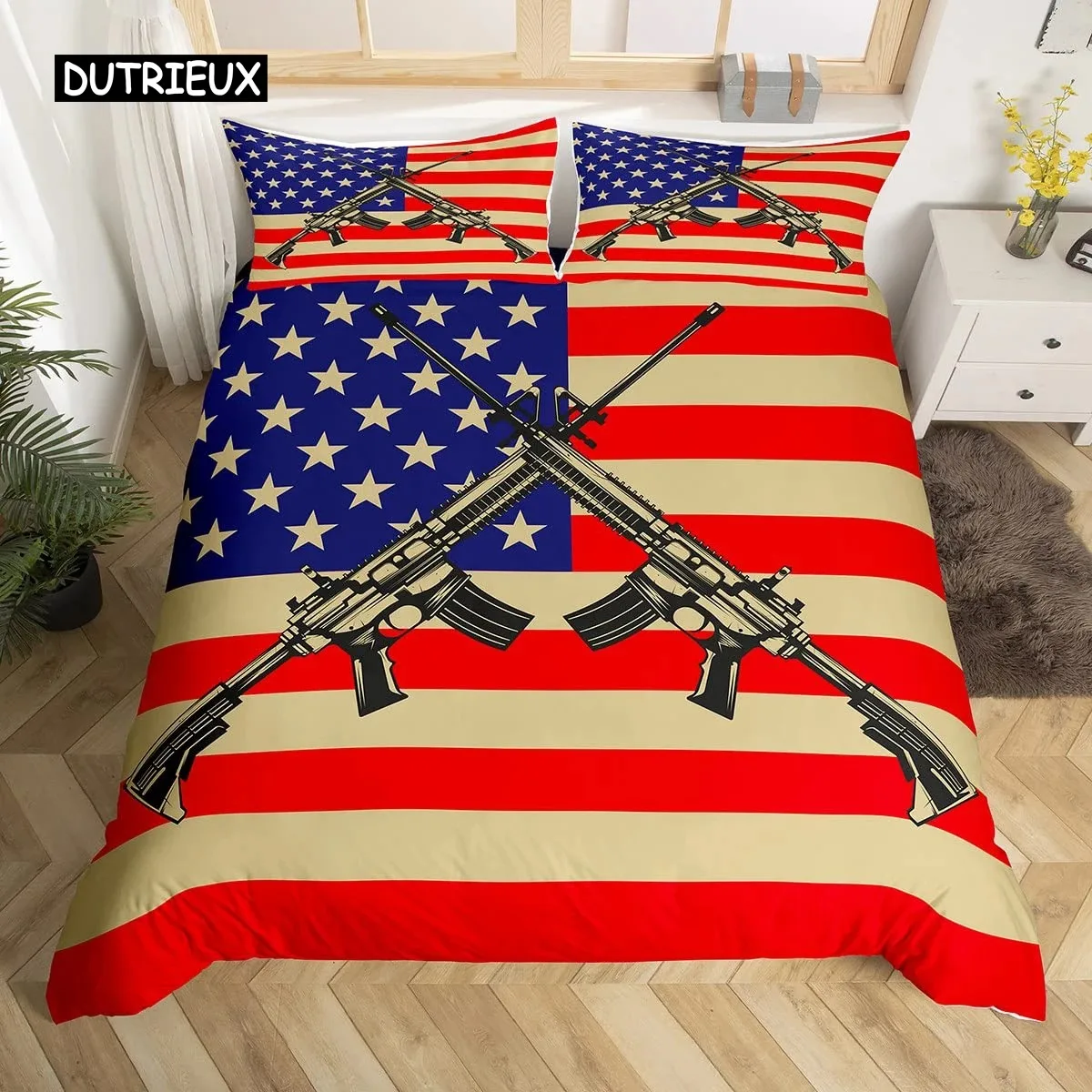 American Flag Duvet Cover Machine Gun Comforter Cover Queen King Polyester Quilt Cover USA Federations Stars Stripe Bedding Set