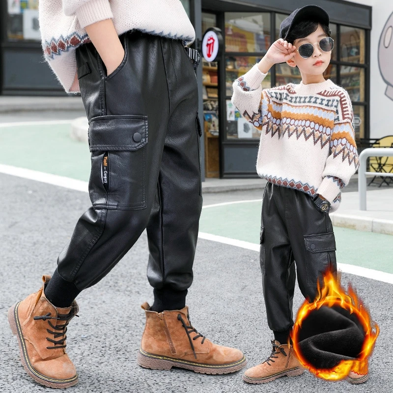 Boys Winter Leather Pants Solid Color Trousers for Kids Black Plus Velvet Warm Pants Children Autumn Clothes 6 8 10 12 14 Years