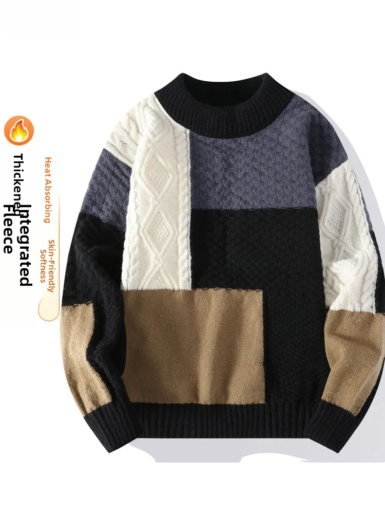 

Мужской зимний вязаный свитер 2025 года, новинка, с интегрированным флисом, свободный крой, базовый слой, теплый, для пар, повседневный, из полиэфирного волокна