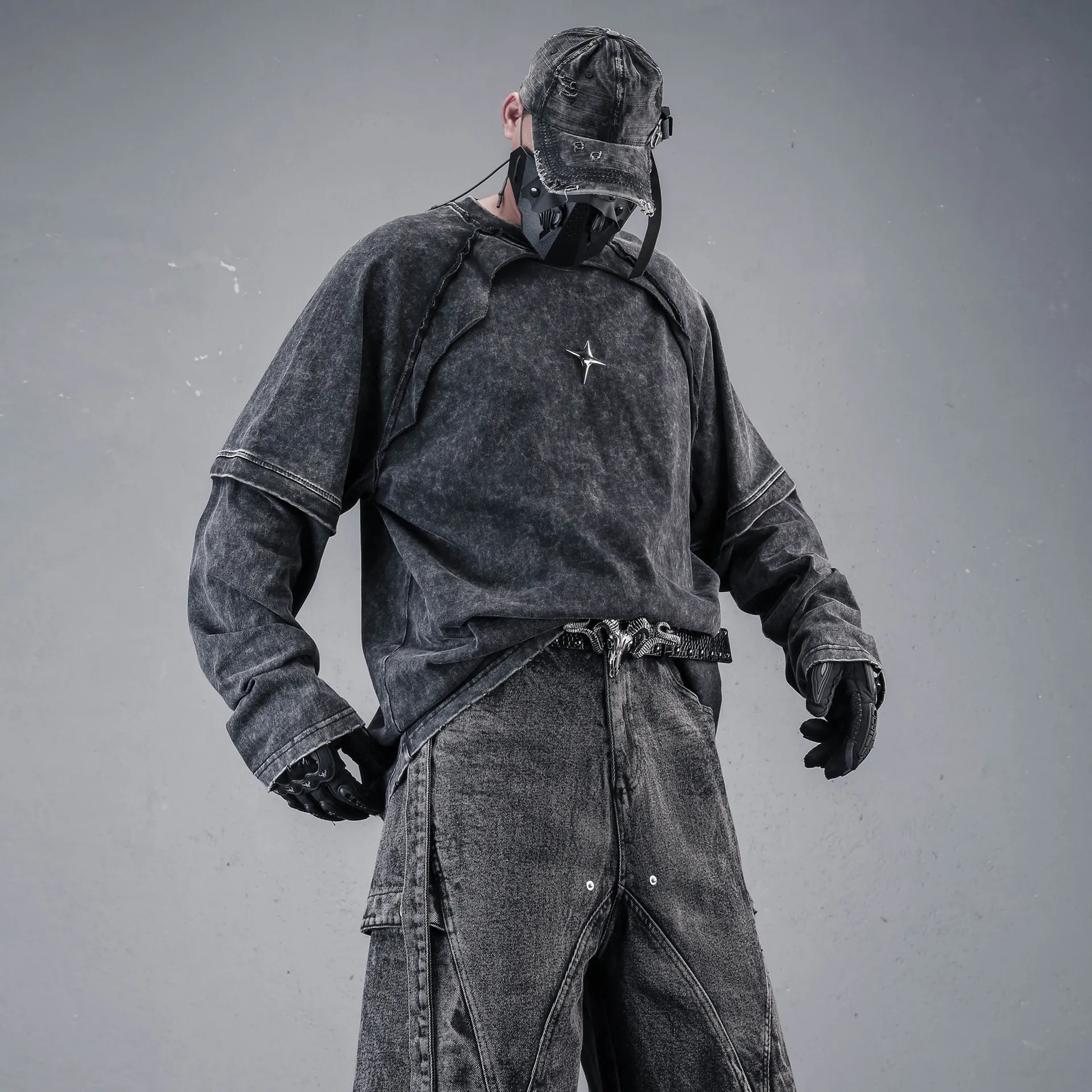 Wasteland Style  Washed Distressed Stitching Fake Two-Piece Long-Sleeved T-shirt Men's High Street Edging Damage Loose Sweater