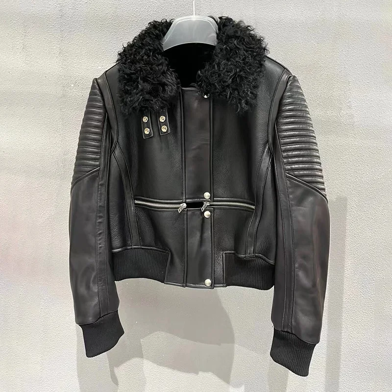 Women New Style Leather Jackets Lady 2023 Fashion Bomber Jackets Sheepskin With Lamb Fur Collar Autumn Winter Coats GT5087