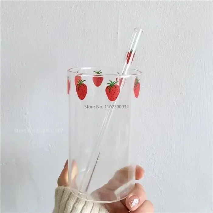 260/360ml Strawberry Cute Glass Cup without Straw Creative Transparent Water Cup Student Milk Heat Resistant Glass Nana