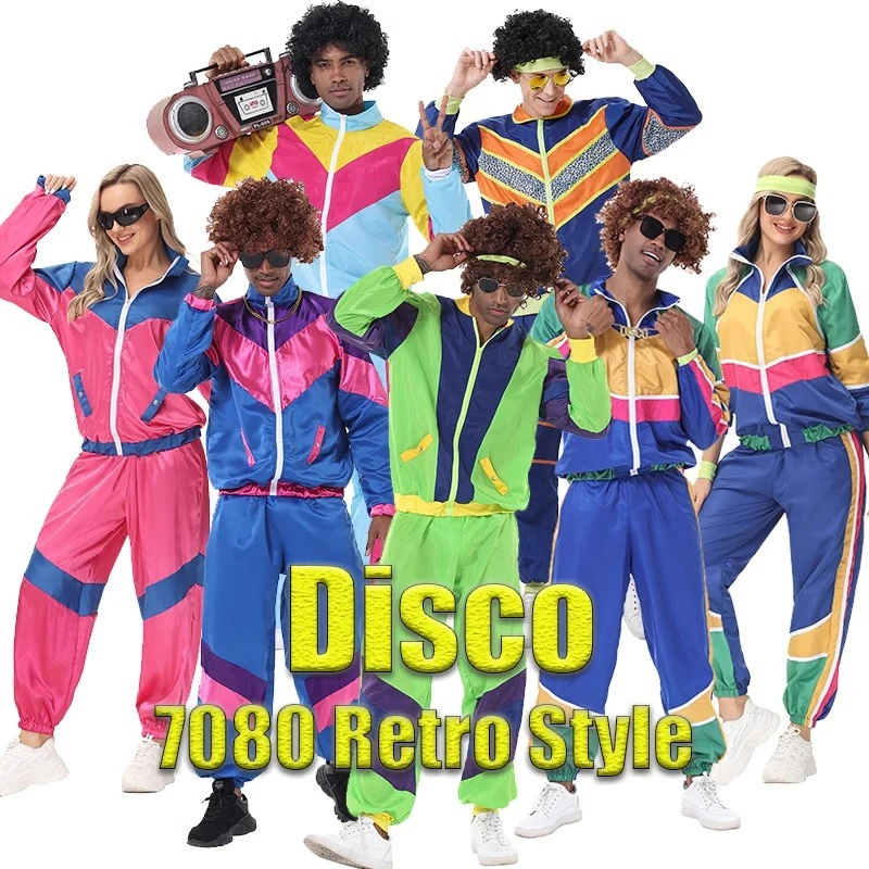 

1980s Retro Disco Performance Suit Color Matching Zipper Pocket Long Sleeve Coat+loose Pants Sportswear Masquerade Costume