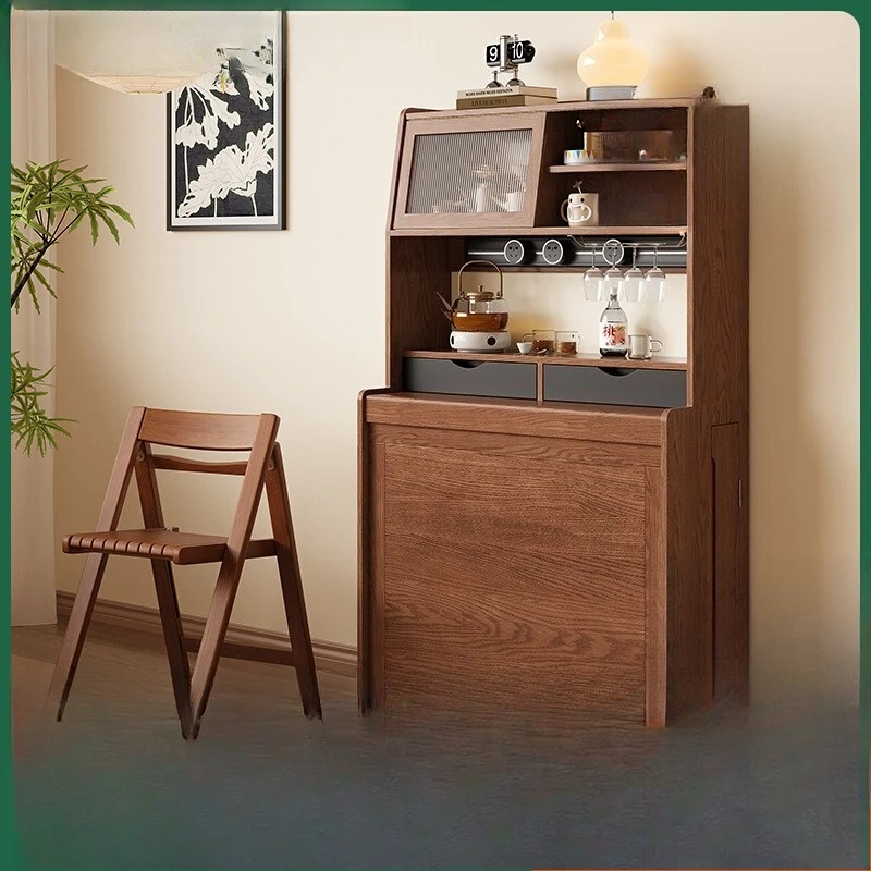 

Nordic solid wood small apartment telescopic folding dining table, chairs and side cabinets integrated combination