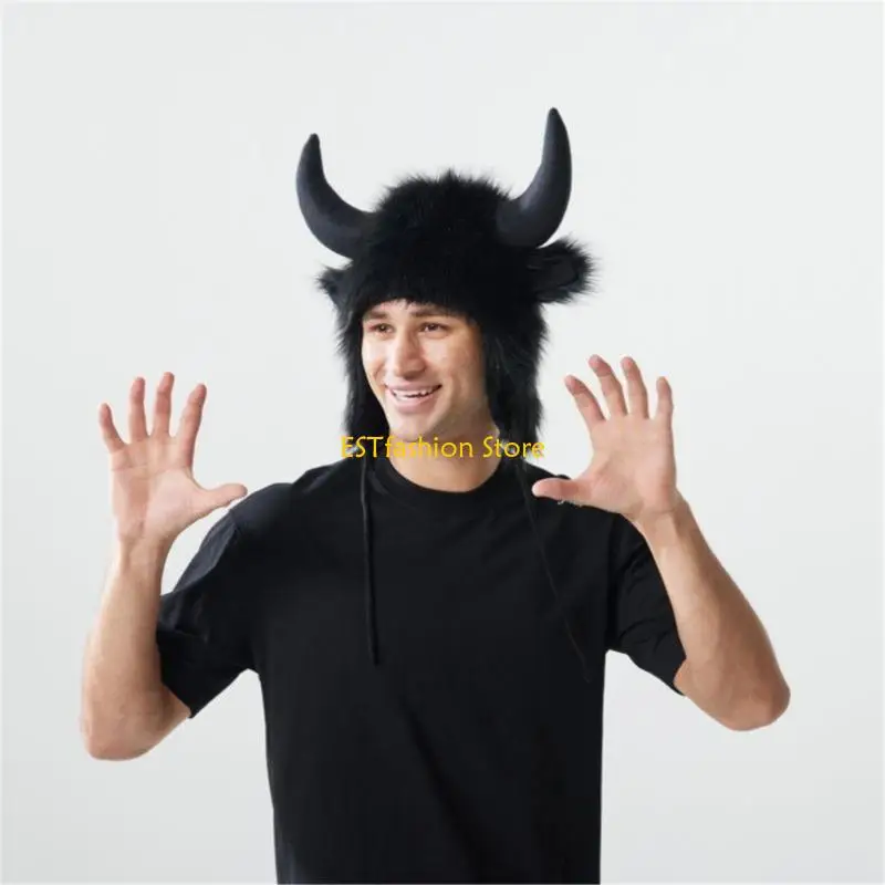Y5GC إيرفلاب قبعة تأثيري الحيوان أغطية الرأس الشتاء قبعة دافئة مع الثور القرن للنساء المراهقات هالوين زي حفلة الملحقات #5