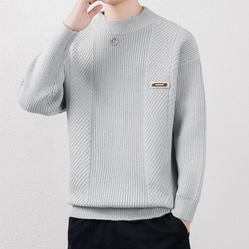 

Мужской вязаный свитер с воротником-стойкой, серый пуловер, новая зимняя модель, простой базовый слой, мужская одежда, трикотаж